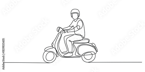 Continuous line drawing of a person riding a scooter with a helmet