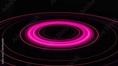 Glowing pink neon concentric circles pulsating in a rhythmic 3D abstract loop on black, ideal for music visualization and sci-fi backgrounds.