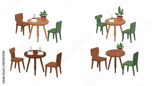 Cozy Café Corners: A charming arrangement of circular tables, paired with complementary chairs and accented by potted plants, invites to a warm and intimate cafe scene.