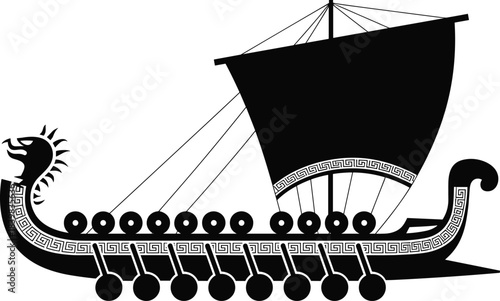 Black Silhouette of a Viking Ship with Dragon Head and Greek Key Pattern longship sail