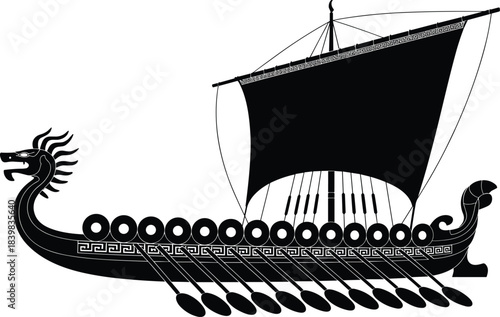 Black Silhouette of an Ancient Greek Trireme Warship with Dragon Head and Oars on White Background ancient ship