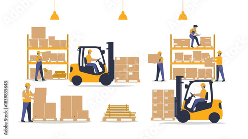 Illustration of warehouse workers operating forklifts and handling cardboard boxes in a logistics setting with a minimalist style.