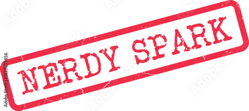 Nerdy Spark red grunge rubber stamp conveying inspiration and intellectual discovery message