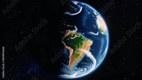 Realistic Planet Earth rotating in deep space with blue oceans and clouds in a seamless 3D animation loop, illustrating global astronomy concepts