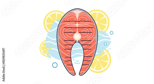 Fresh salmon steak with vibrant lemon slices and abstract water elements on a white background, symbolizing healthy cooking ingredients.