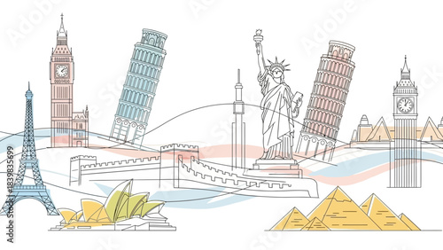 Global Landmarks: A line art illustration showcases iconic landmarks from around the world, inviting wanderlust and celebrating global architecture and culture.