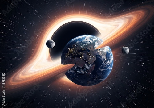 A celestial spectacle depicting earth caught in the gravitational pull of a black hole, surrounded by swirling space dust and cosmic rays.