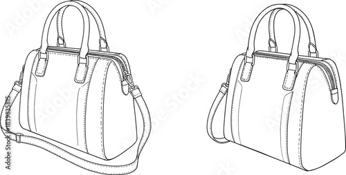 Handbag front and back technical fashion sketch, stylish leather purse with shoulder strap design template, cad drawing flat vector illustration