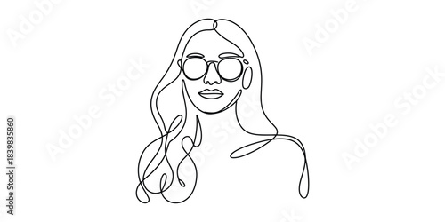 Minimalist one line drawing of woman with long hair and round glasses