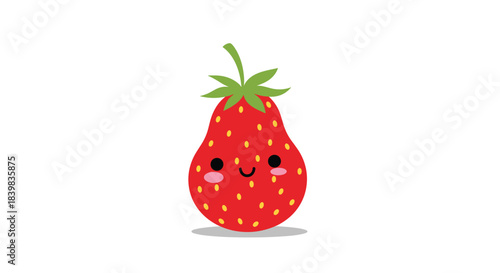 Sweet and simple vector illustration of a happy cartoon strawberry character smiling with rosy cheeks and a green stem, isolated on a clean white background.