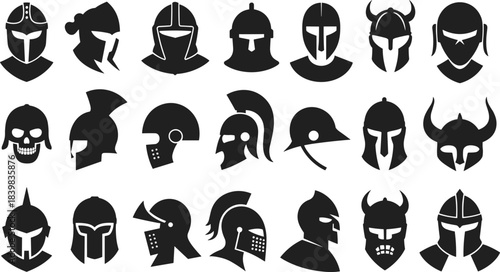 Collection of Black Warrior Helmet Silhouettes in Various Styles on White Background soldier armor
