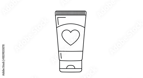 Black and white line art illustration of a cosmetic squeeze tube with a heart symbol, representing skincare, beauty, and self-love.