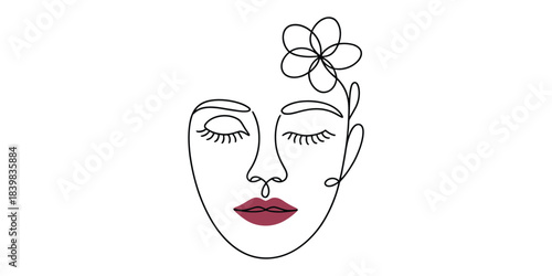 Minimalist continuous line art drawing of a womans face with closed eyes and a flower