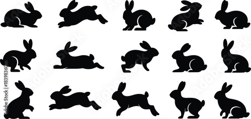 Fifteen Black Rabbit Silhouettes in Various Easter Poses on White Background bunny animal