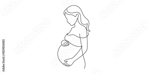 Minimalist line art drawing of a pregnant woman holding her belly