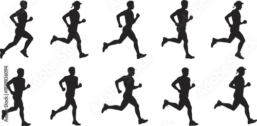 Silhouette Collection Of Male Runners In Motion On White Background running sport