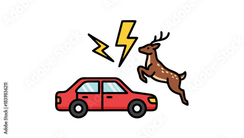 Pixel Art Red Sedan Car Encountering a Jumping Fawn Under Yellow Lightning Bolts on a Black Background Symbolizing Danger and Nature Collision
