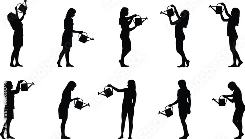 Silhouette Collection Of Women Watering Plants With Watering Cans woman girl