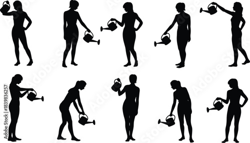 Silhouette Collection Of Women Watering Plants With Watering Cans woman girl