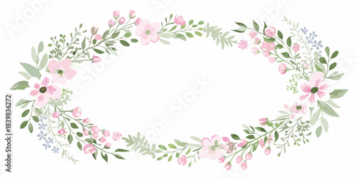 Watercolor floral wreath with pink blossoms and delicate green foliage
