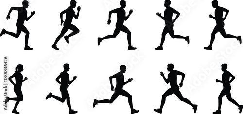 Silhouettes of runners in motion on white background running jogging