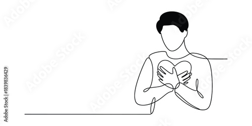 One line drawing of person holding heart to chest, self love concept