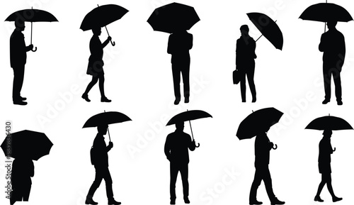 Silhouettes of people holding umbrellas in various poses on white background woman