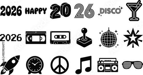 New year 2026 retro party and disco silhouette icon set. Vintage cassette and boombox symbols vector collection.

