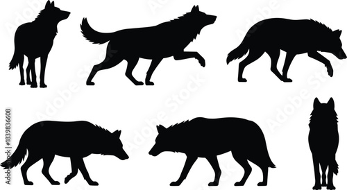 Six Black Wolf Silhouettes in Different Poses on White Background wolves