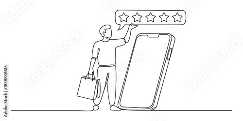 Customer giving five star rating on mobile phone review line art