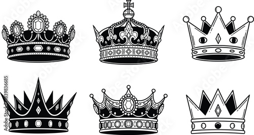 Set of royal crown illustrations, vintage regal tiaras, detailed king and queen headpieces, ornate gemstone crowns, black and white vector art, monarchy symbols, luxury jewelry designs