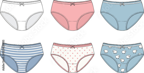 Women underwear briefs fashion flat sketch set, cute panties design with bow and patterns, cad drawing flat vector illustration