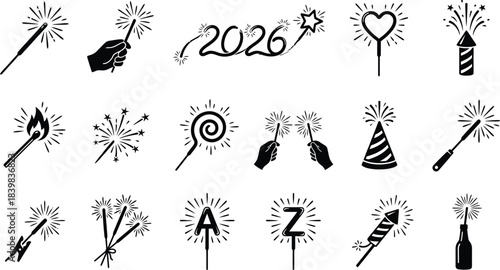 New year 2026 celebration and sparkler silhouette icon set. Fireworks, firecracker, and party light symbols vector collection.
