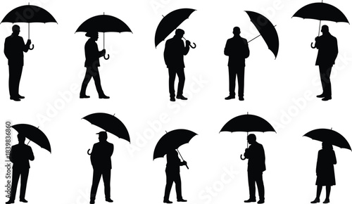Ten Black Silhouettes of Men and Women Holding Umbrellas on White Background people