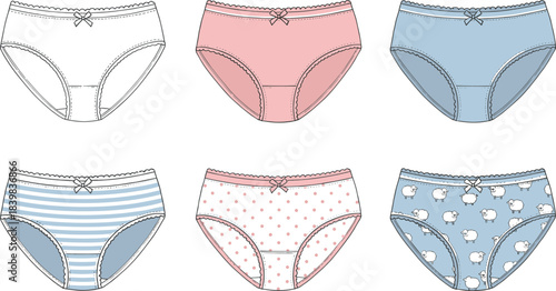 Women cotton underwear briefs fashion flat sketch set, cute patterned panties design collection, cad drawing flat vector illustration