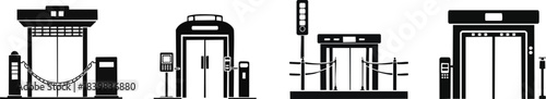 Silhouette of Migration Concept. A series of four border control, showcasing variations in structure, controls, and safety features in a minimalist black-and-white style.
