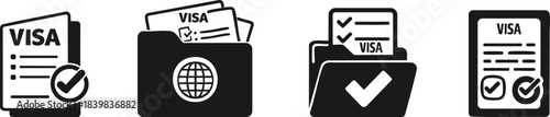 Silhouette of Immigration Documents. A collection of icons representing visa documents, folders, and approval checks, symbolizing travel and immigration processes.