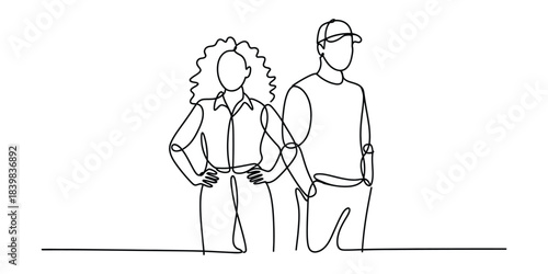 One line drawing of two people standing together, woman with curly hair and man with cap