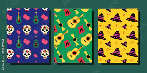Colorful patterns featuring day of the dead and musical instrument motifs