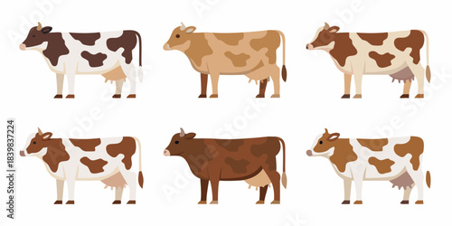 A collection of farm cows in various brown and white color patterns