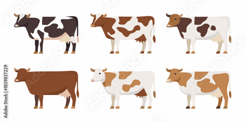 A collection of cartoon cows in various poses and colors