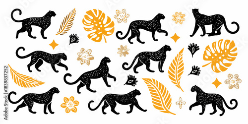 Stylized black monkey silhouettes with tropical leaves and floral elements design