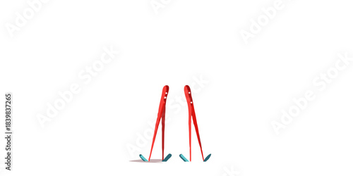 A minimalist illustration of red legs and blue feet on a black background