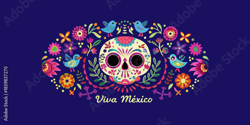 Colorful floral skull design with birds celebrating d a de los muertos tradition
