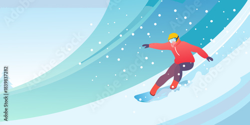 A snowboarder gliding down a snowy slope with a vibrant blue background