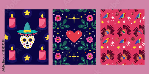 Colorful day of the dead inspired patterns with skulls candles and flowers