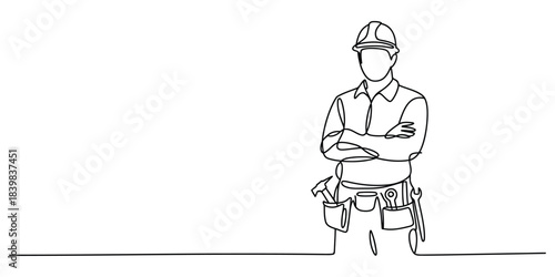 One line drawing of construction worker with tool belt