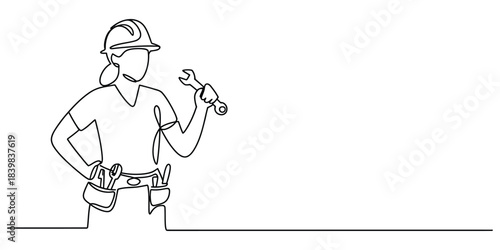 Female construction worker in hard hat holding wrench, continuous line art