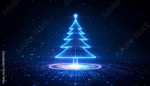 Glowing Blue Christmas Tree Illustration with Particle Effects against a Dark Background
