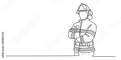 Firefighter in uniform standing with arms crossed, continuous line art
